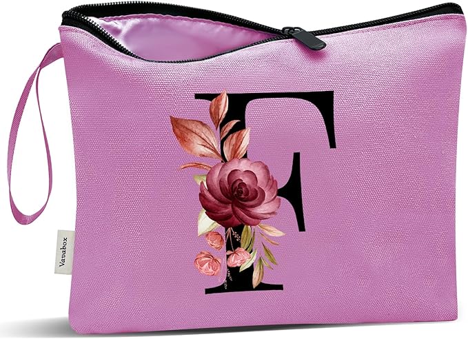 Vavabox A-Z Personalized Makeup Bag, Birthday Gifts for Women Mom, Gifts for Best Friend, Bride Bridesmaid Cosmetic bag (F, Purple)