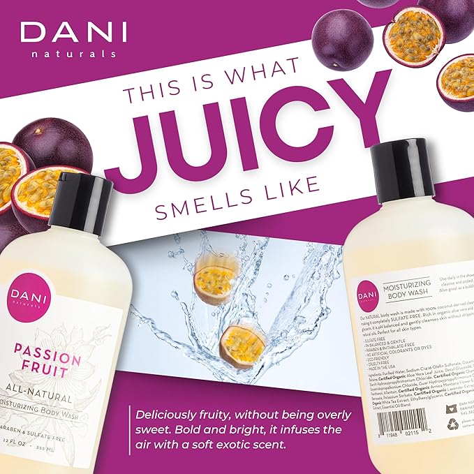 DANI Naturals Moisturizing Body Wash - Sweet Passion Fruit Scent with Organic Aloe Vera & Natural Glycerin - Sulfate & Paraben-Free Shower Gel - 12 oz - Vegan & Cruelty-Free