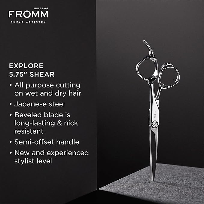 Fromm Professional Explore 5.75" Hair Cutting Shears for Wet and Dry Hair, Polished Silver Japanese Steel Scissors with Beveled Blade