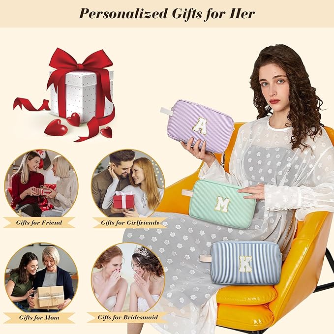 Travel Makeup Bag Christmas Gifts for Women Girl Teens, Personalized Initial Makeup Bag for Cute Teen Girls, Preppy Stuff Toiletry Bag Cosmetic Bag, Teen Girls Gift Trendy Stuff, Letter W