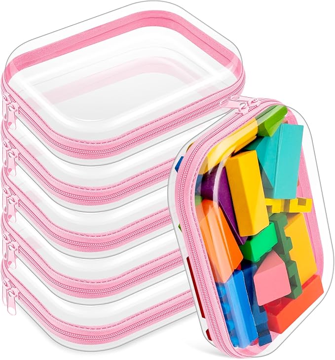 Sanwuta 6 Pcs Clear Hard Zipper Case Hard Plastic Zipper Pouches Makeup Bag Pencil Pouches Transparent Cases for Snacks Plastic Storage Organizer Box for Travel(Pink,7.87 x 5.9 x 2 Inch)