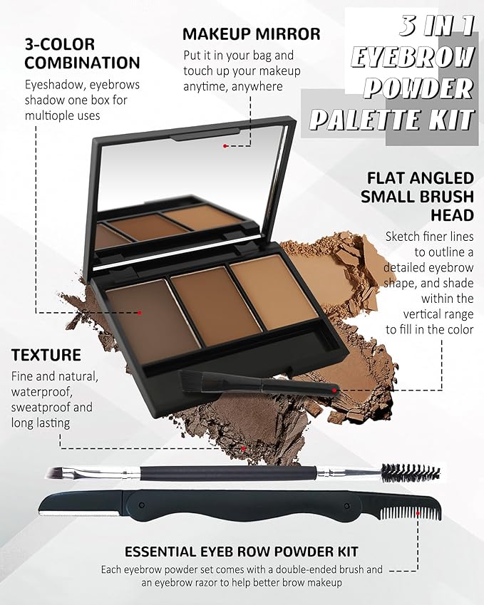 Eyebrow Powder Kit,3 Color Auburn Brown Black Gray Eye Brow Powder Palette with Razor Brush, Long Lasting Waterproof Brow Filler Fill & Sculpt Full Eyebrows, Christmas Makeup Gift Set for Women-03