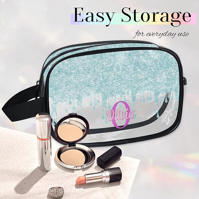 Custom Clear Makeup Toiletry Bag, Personalized Travel Cosmetic Organizer Case Portable Bag with Zipper, Lavender Purple, Light Blue Curtain Glittering