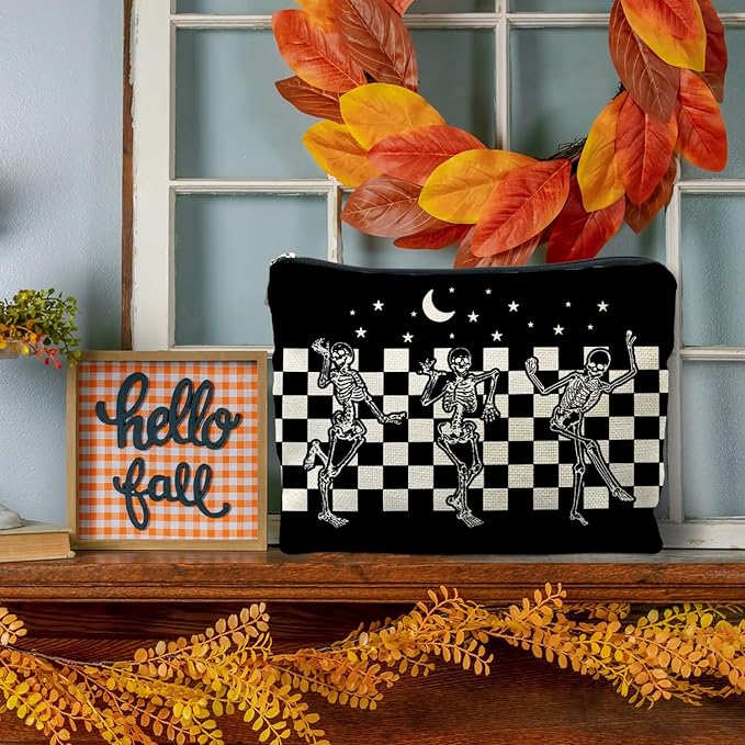 Goth Spooky Gifts for Women, Gothic Horror Skeleton Black Makeup Bag Cosmetic Pouch