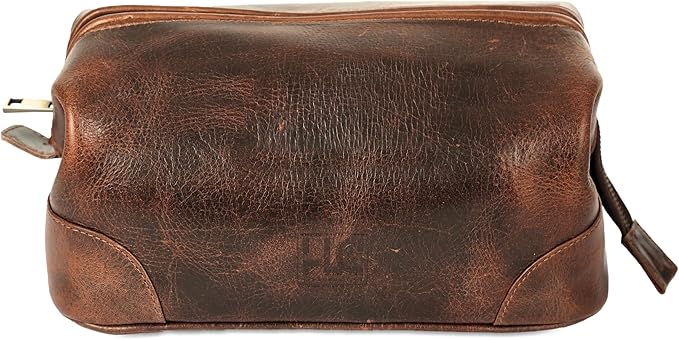 HLC Leather Toiletry Bag for Men - Premium Genuine Leather Dopp Kit Shaving Kit Organizer Travel Kit Pouch Bag - Large Size - Rustic Brown