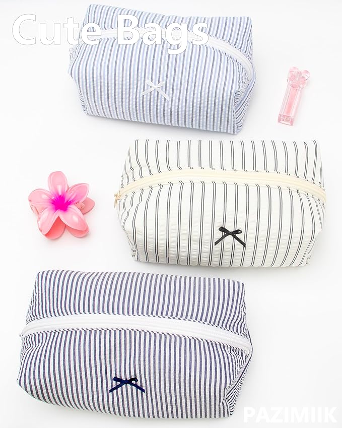PAZIMIIK 2PCS Cozy Makeup Bag Small Aesthetic Travel Zipper Cosmetic Pouch for Women Make Up Beauty Accessories Brushes, Stripe Black