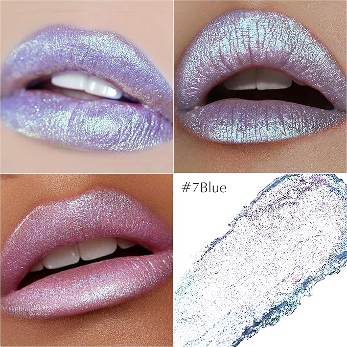 Metallic Blue Lipstick Makeup, Holographic Glitter Lip Stick Long Lasting Lightweight Non-Sticky Hydrating Lip Tinted Full Coverage High-Shine Sparkling Shimmer Lipstick for Women