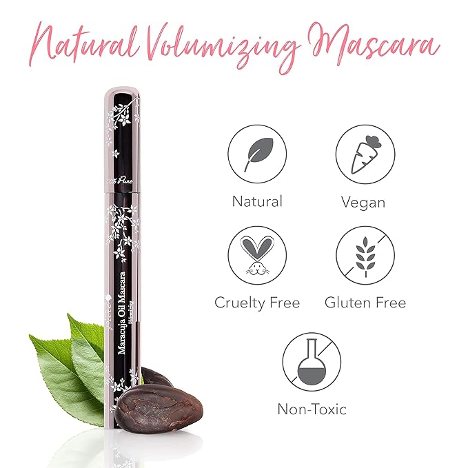 100% PURE Maracuja Oil Mascara Dramatic Intense Volume & Length Natural Fruit Pigmented Voluminous Eyelash Makeup No Clumping, Smudging or Flaking - Vegan, Blackberry Color - 0.35 oz