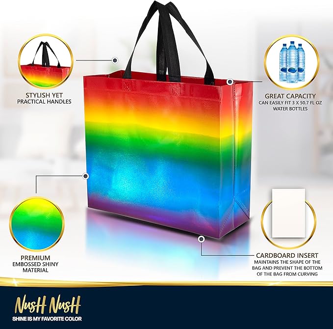Nush Nush Large Rainbow Gift Bags– Set of 12 Colorful Holographic Reusable Gift Bags with Handles - Ideal Rainbow Goodie Bag for Birthday Party, Kids Party, Sleepover, Pride Events - 13x5x11