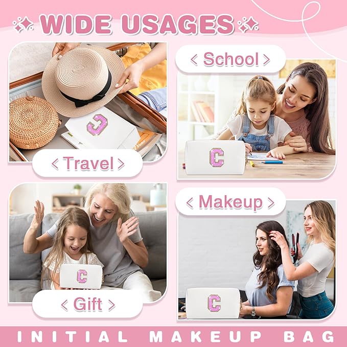 Small Initial Patch Makeup Bag Personalized Gifts Make Up Bag,White Cute PU Leather Glitter Letter Cosmetic Bag with Zipper,Trendy Portable Travel Toiletry Pouch,Preppy Stuff for Teen Girls Women C