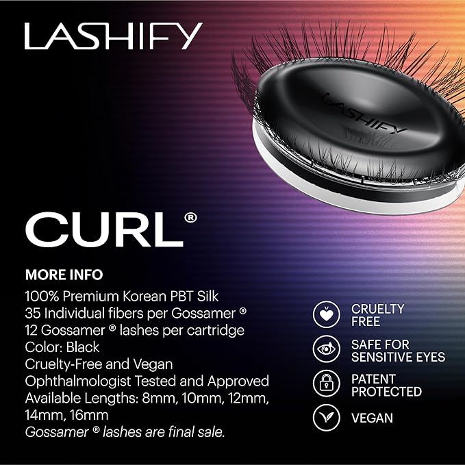 Lashify Curl 16mm Gossamer Eyelash Extensions Refill, Black, DIY False Lashes for a Natural Look
