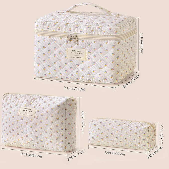 HBselect Quilted Makeup Bag, 3PCS Cotton Large Travel Makeup Bag, Cute Floral Coquette Make up Bag Cosmetic Bag Toiletry Bag for Women Girls