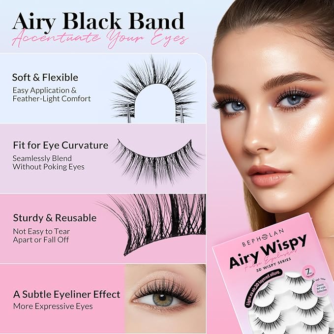 Bepholan False Eyelashes 5-13mm 7 Pairs Eyelashes Natural Look Wispy Lashes Strip Reusable Thin Clear Band & Soft Fake Lashes Easy to Apply (W08)