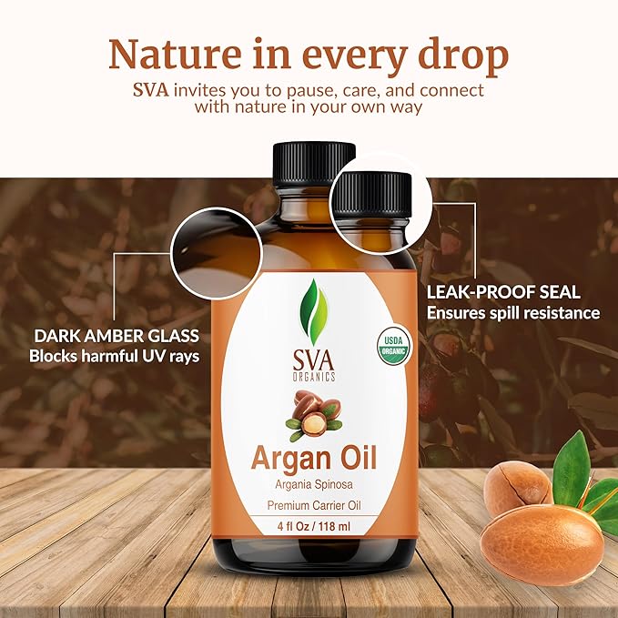 SVA Argan Oil Organic - 4 Fl Oz – 100% Natural Cold Pressed Organic Argan Oil - for Face, Skin Care, Hair Care, Scalp Massage & Body Massage – Carrier Oil with Dropper