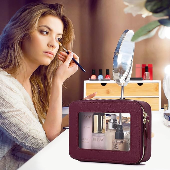 Pinkmik Travel Clear Makeup Bag with Brush Case TSA Approved Toiletry Bag Waterproof Cosmetic Organizer with Zipper Car Essential for Women (X/Burgundy, M+SLIM)