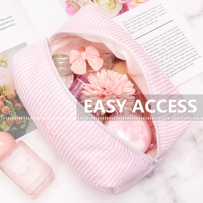 PAZIMIIK 2PCS Cozy Makeup Bag Travel Cosmetic Bag for Women Soft Toiletry Bag Aesthetic Makeup Organizer Portable Large Zipper Pouch for Skincare Beauty Accessories Brushes Stripe Pink