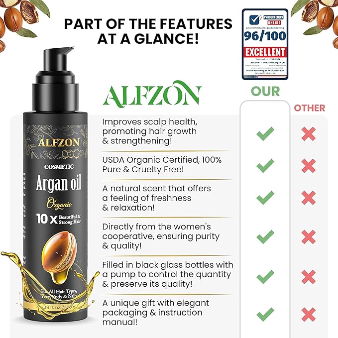 𝐏𝐫𝐞𝐦𝐢𝐮𝐦 Moroccan Argan Oil 100% Pure USDA Organic Hair Treatment, Cold Pressed For Dry, Damaged, Curly & Frizzy Hair, Skin, Face, Body & Beard Natural Anti Aging for Women & Men, Large 3.38 oz