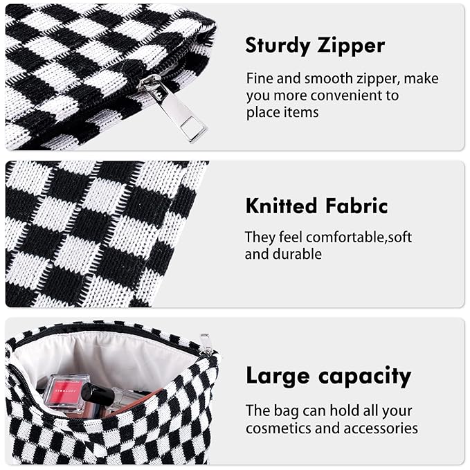 ZLFSRQ 2Pcs Checkered Makeup Bag for Women Large Small Checkered Cosmetic Bag Set Aesthetic Preppy Pencil Case Cute Pencil Pouch Black Makeup Pouch for Purse Travel Toiletry Bags Zipper Skincare Bags