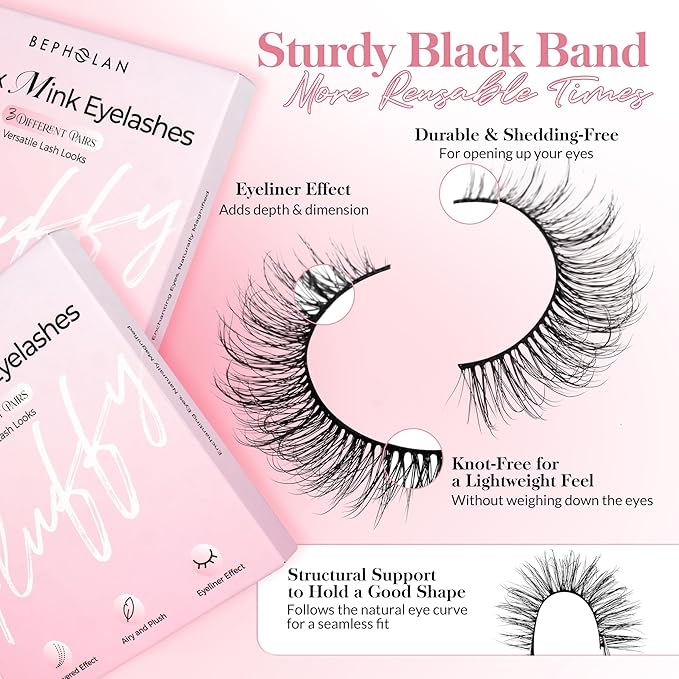 Bepholan False Eyelashes 3D Faux Mink Lashes Natural Look Super Fluffy Eyelashes Volume Strip Eyelashes, Cat Eye Lashes Lightweight Fake Eyelashes Easy to Apply 3 Pairs（M101）