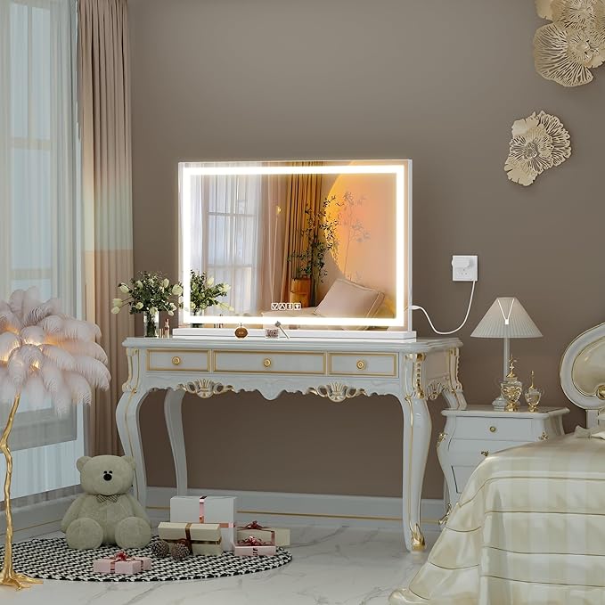 Hasipu Vanity Mirror with Lights and Bluetooth Speaker, 47" x 29.5" LED Makeup Mirror, Lighted Makeup Mirror with Dimmable 3 Modes, Touch Screen Control Vanity Mirror Square White