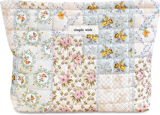 STARDW Cute Cotton Quilted Makeup Bag Cosmetic Bags for Women and Girls,Travel Toiletry Bag Floral Makeup Zipper Pouch, Purse Organizer Pouches,Canvas Lining (Cotton Floral)
