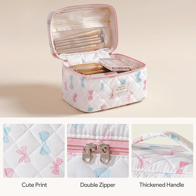 HBselect Quilted Makeup Bag, 3PCS Cotton Large Travel Makeup Bag, Cute Floral Coquette Make up Bag Cosmetic Bag Toiletry Bag for Women Girls
