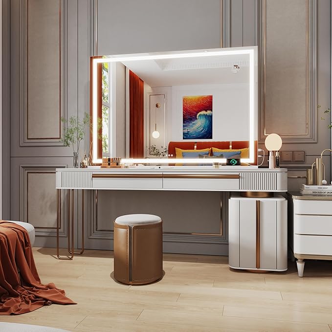 Hasipu Vanity Mirror with Lights, 50" x 34" LED Makeup Mirror, Lighted Makeup Mirror with Dimmable 3 Modes, Touch Screen Control Vanity Mirror Square White