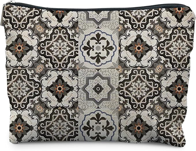 Vintage Boho Block Print Makeup Bag, Ethnic Moroccan and Mediterranean Tile Cosmetic Bags for Women, Mexican Gifts for Women, Boho Traditional Mandala Zipper Makeup Pouch