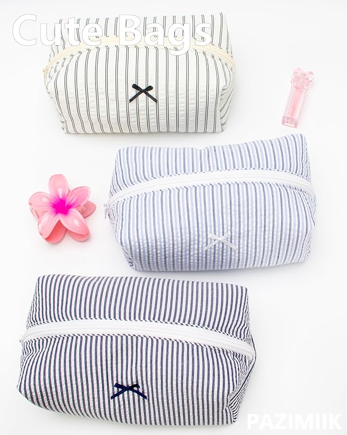 PAZIMIIK Cozy Makeup Bag Small Aesthetic Travel Zipper Cosmetic Pouch for Women Make Up Beauty Accessories Brushes, Stripe Blue Mix