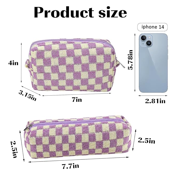2Pcs Checkered Pencil Case Cute Pencil Pouch for Teens Checkered Makeup Bag Travel Cosmetic Bag Set Cute Makeup Pouch for Purse Portable Zippered Skincare Bags Preppy Toiletry Bags Organizer(Purple)