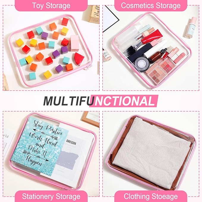 Hoolerry 3 Pcs Clear Hard Zipper Case Plastic Pouch Transparent Hard Case Clear Makeup Bag Portable Travel Organizer Bin for Cosmetics, Building Blocks, Puzzles(Pink,L)