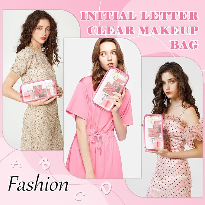 Personalized Initial Letter Clear Makeup Bag,Preppy Small Nylon&PVC Cosmetic Zipper Bag with Chenille Letter,Portable Beach Travel Skincare Toiletry Bag,Trendy Monogram Gift for Teen Girls Women,N