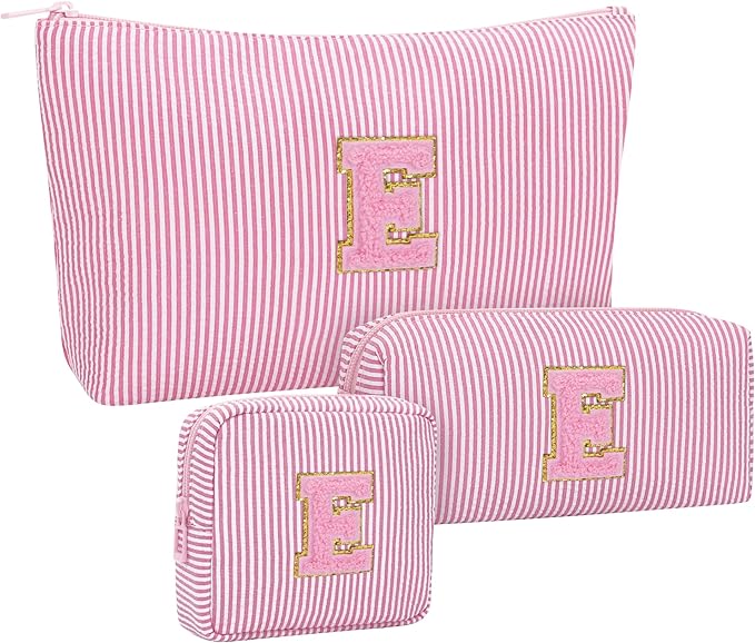 MONSTINA Personalized Initial Makeup Bag for Women,Monogram Make Up Case for Girlfriend Bridesmaid Wife,Birthday Gift for Her Cute Toiletry Bag,3PCS,Pink E