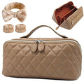 Makeup Bag, Travel Toiletry Bag for Women, Large Capacity Waterproof Crocodile Pattern PU Leather Cosmetic Bags Make Up Organizer Bags with Headband and Wristband Set (Khaki)