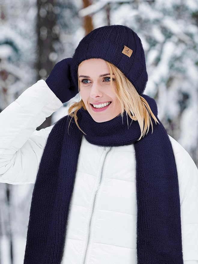 Winter Beanie Hat Scarf Gloves, Warm Fleece Knit Hat Long Scarf Neck Warmer Touch Screen Winter Gloves Set Gifts for Women