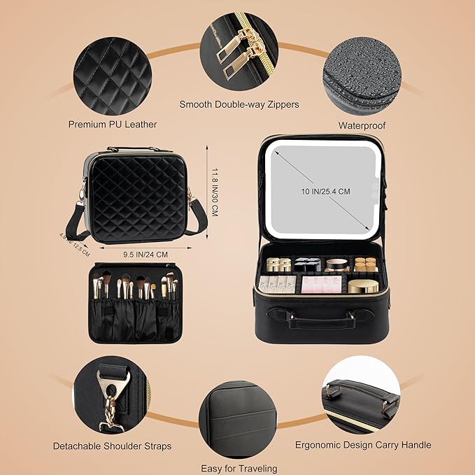 SJD Travel Makeup Bag with LED Mirror, Portable Cosmetic Case Organizer with Lighted Mirror, Waterproof Makeup Case for Cosmetic Brush Holder Storage, Black Toiletry Bag for Women Gift