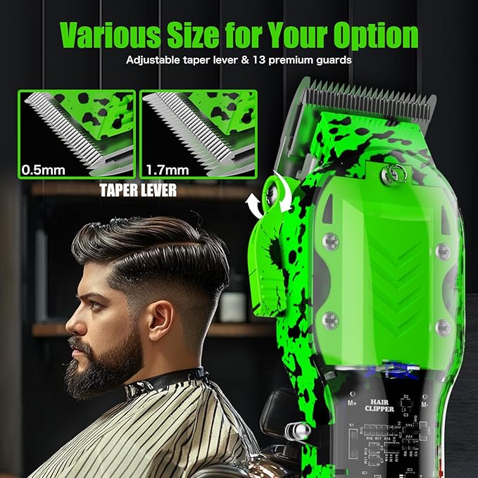 Professional Hair Clippers for Men, Cordless Barber kit for Hair Cutting & Grooming, Green Hair Clippers Set for Barber Haircut with LED Display 8 Fade Taper Combs