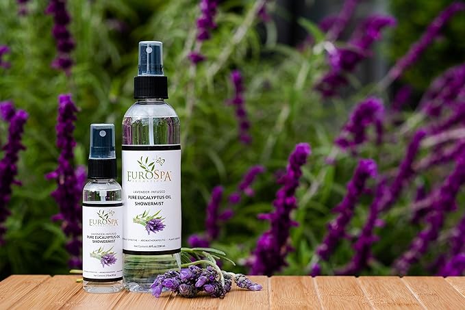 EuroSpa Aromatics Pure Eucalyptus Oil ShowerMist and Steam Room Spray, All-Natural Premium Aromatherapy Essential Oils - Lavender Infused, 8oz