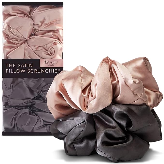 Kitsch Satin Hair Scrunchies for Women, Softer Than Silk Scrunchies for Hair - No Damage Satin Hair Ties, Ponytail Holders | Ideal Gifts for Women, 2pc (Blush/Charcoal)