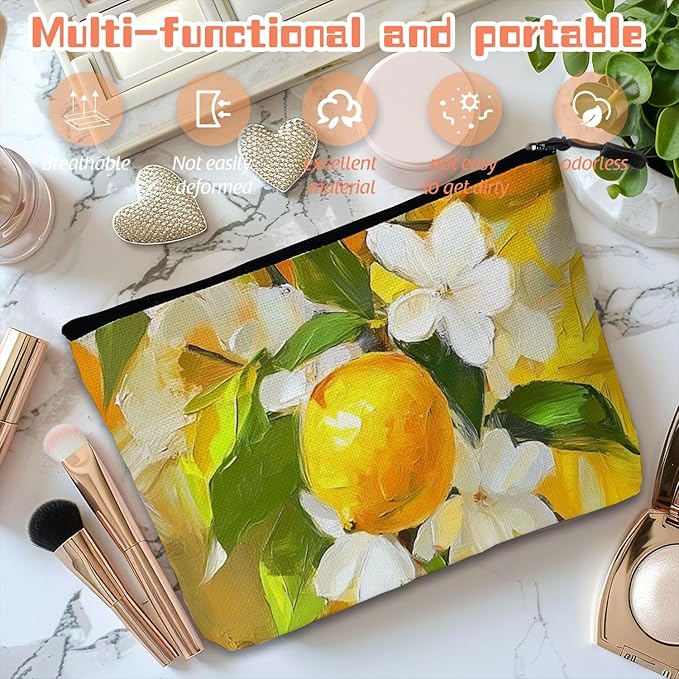 Cosmetic Bags Travel Makeup Toilet Case Waterproof Pouch for Women Girls 6.7X9.45inches - Oil Painting of Lemons And White Flowers