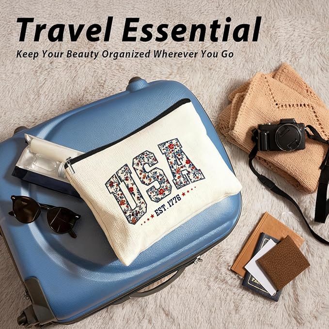 Retro Floral USA 4th of July Makeup Bag, America Patriotic Cosmetic Bags for Women, Red White and Blue USA Toiletry Bag for Women, cosmetic bag, makeup case
