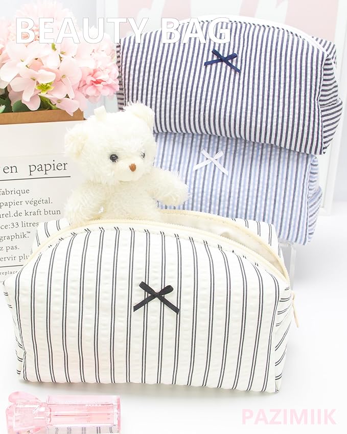 PAZIMIIK Cozy Makeup Bag Small Aesthetic Travel Zipper Cosmetic Pouch for Women Make Up Beauty Accessories Brushes, Stripe Black