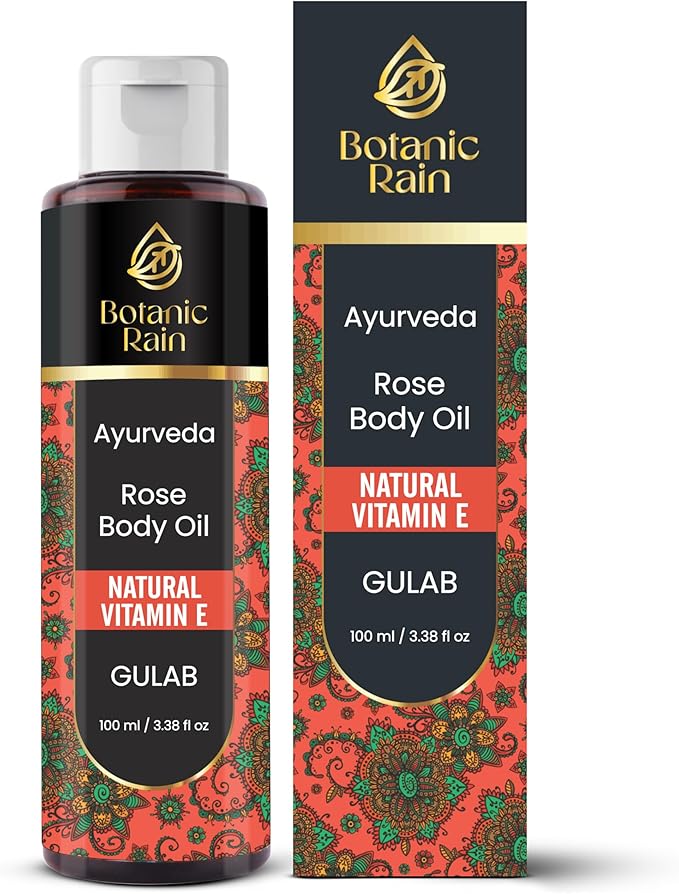 Ayurveda Rose Body Oil, Moisturizing & Hydrating Organic Vitamin E Oil, Body Oils for Women After Shower, Ayurveda Products for Crepey Skin Repair - 3.38 Fl Oz