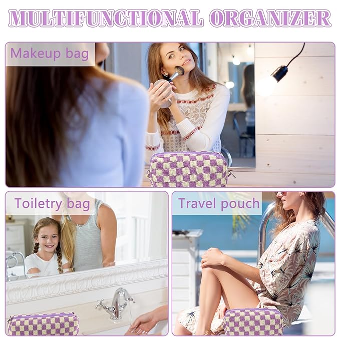 2Pcs Checkered Pencil Case Cute Pencil Pouch for Teens Checkered Makeup Bag Travel Cosmetic Bag Set Cute Makeup Pouch for Purse Portable Zippered Skincare Bags Preppy Toiletry Bags Organizer(Purple)