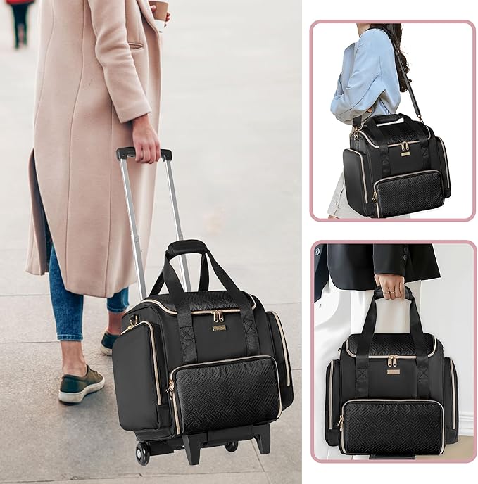 Rolling Makeup Case with 4 Removable Bags, Professional Makeup Train Case with Wheels, Makeup Artist Travel Bag with Brushes Storage Section, Black (Patent Design)