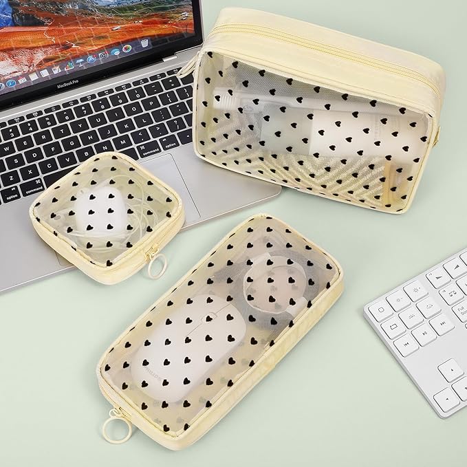5 Pieces Mini Zipper Nylon Mesh Pouch, Mesh Cosmetic Bags Makeup Bags, Multipurpose Travel Toiletry Bags for Office Supplies and Travel Accessories (Heart Print-Beige, Assorted Sizes)