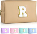 TOPEAST Cosmetic Travel Bags for Women, Preppy Small Makeup Bag, PU Leather Waterproof Toiletry Bag, Unique Friendship Gifts for Friends Coworker, Cute Stuff for Girls (Khaki R)