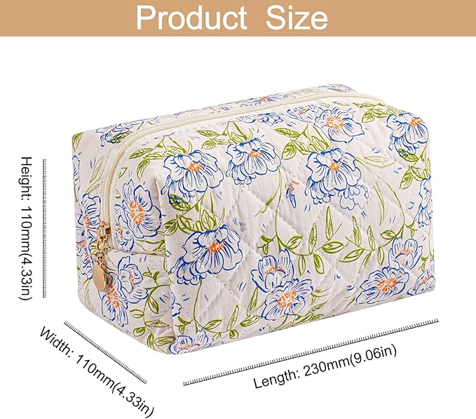 Makeup Bag Travel Cosmetic Bag for Women Girls, Zipper Make Up Pouch, Floral Flowers Toiletry Organizer Makeup, Portable Storage Bag, Cosmetic Travel Cloth Bag (Pink+Large Blue Flowers)