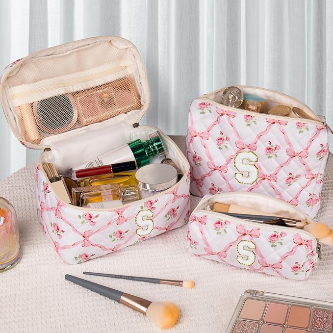 Personalized Initial Makeup Bag Set, Quilted Makeup Bag, Large Floral Cosmetic Bag for Women, Cute Cotton Custom Make up Bags, Flower Travel Toiletry Bag Teen Girl Gift Trendy Stuff Gift S