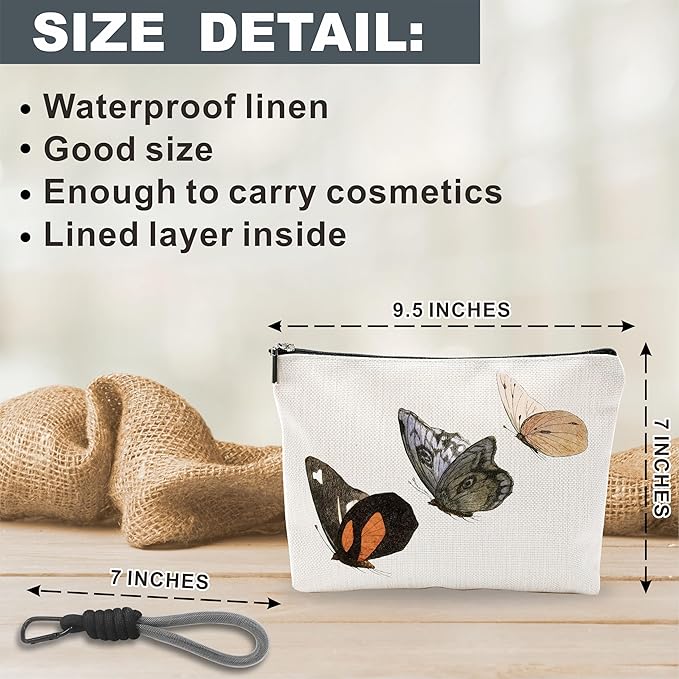 Make Up Bag For Woman, Cosmetic Bag With Hand Strap - Vintage Butterflies - Lined Toiletry Bag - Retro Theme Pouch, Butterfly Organizer With Zipper, Women Essentials & Accessories - B04